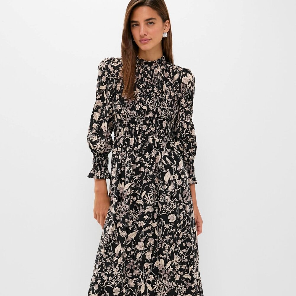 Hyacinth House Black & Tan Floral Smocked Susanne Midi Dress - NEVER WORN Small